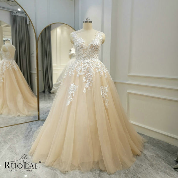 QW01521 Gorgeous V Neck Champagne A Line  Lace Wedding Gowns