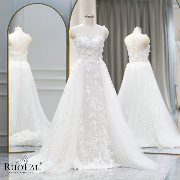 QW01587 Elegant Off The Shoulder Vintage Lace  Appliques 2 in 1 Wedding Dress