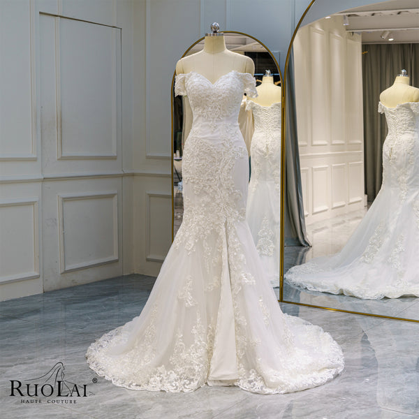 QW01611 Elegant Off The Shoulder Lace with Front Slit Mermaid Bridal Dress