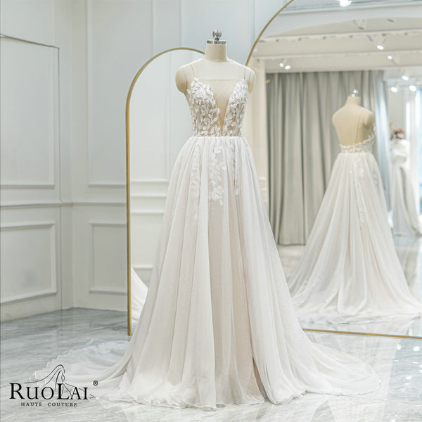 QW01669 Beach  V Neck Spaghetti Strap Lace Tulle Bridal Gown