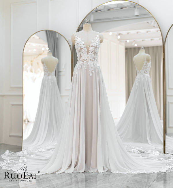 QW01766 Beho Spaghetti Strap V Neck Sleeveless Lace Appliques Wedding Dress