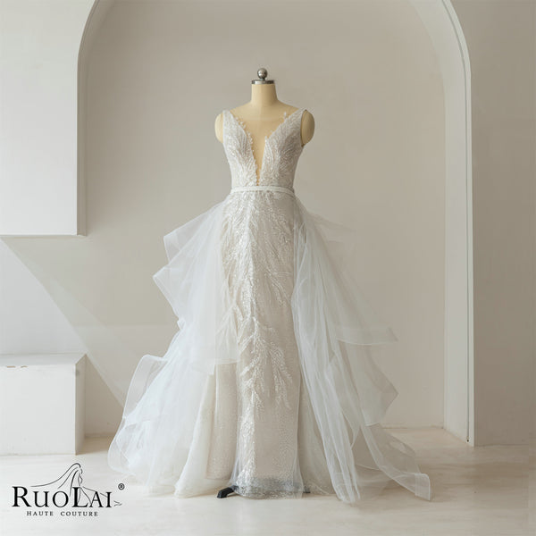 QW01767 Luxury Beaded Sleeve  Deep V-neck Wedding Lace Ball Gown