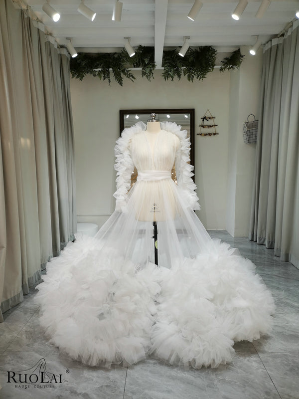 QW01792 Elegant White V Neck Bridal Robe Puff Wedding Dresses