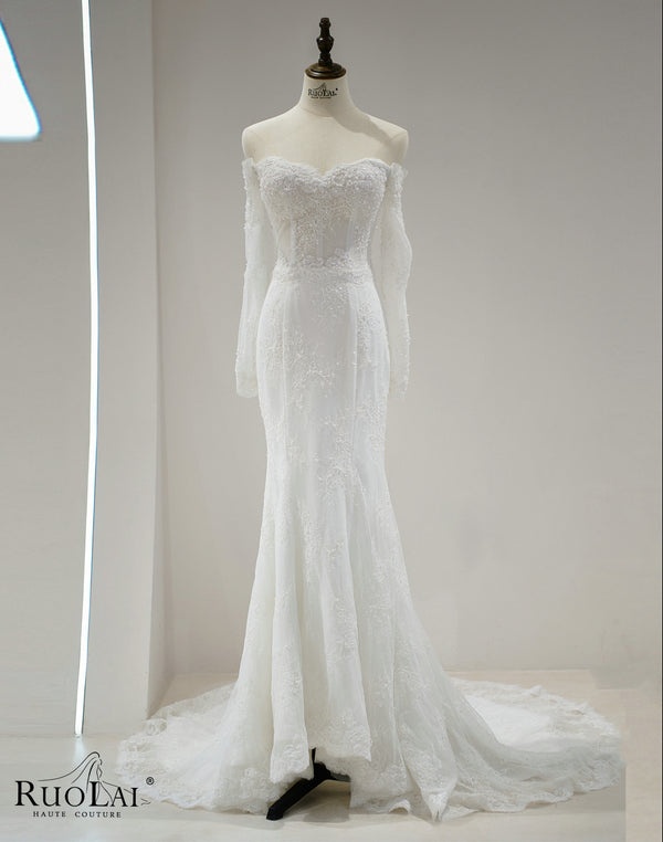 QW01827 Beho Off Shoulder Long Sleeve Lace Beading Mermaid Bridal Dress