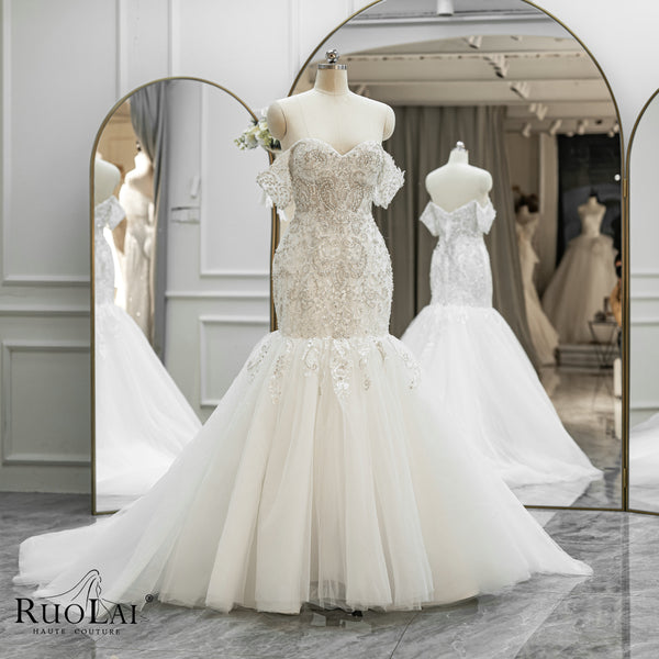 QW01831 Luxury Beaded Off The Shoulder Lace Mermaid Wedding Dress