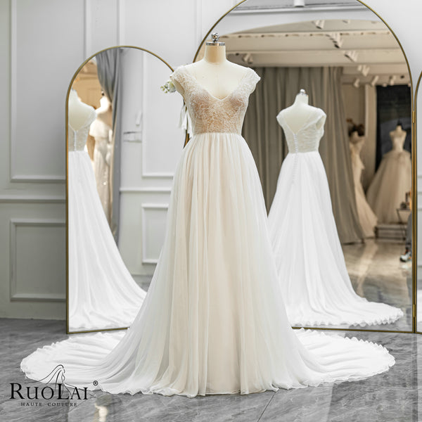 QW01832 Elegant V Neck Cap Sleeve Chapel Train Chiffon Wedding Dress