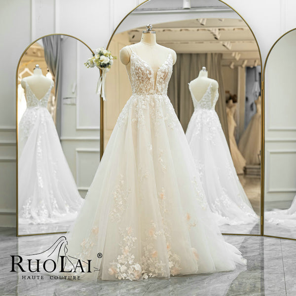 Classic Spaghetti Straps Sleeveless Appliqus Lace Wedding Dresses