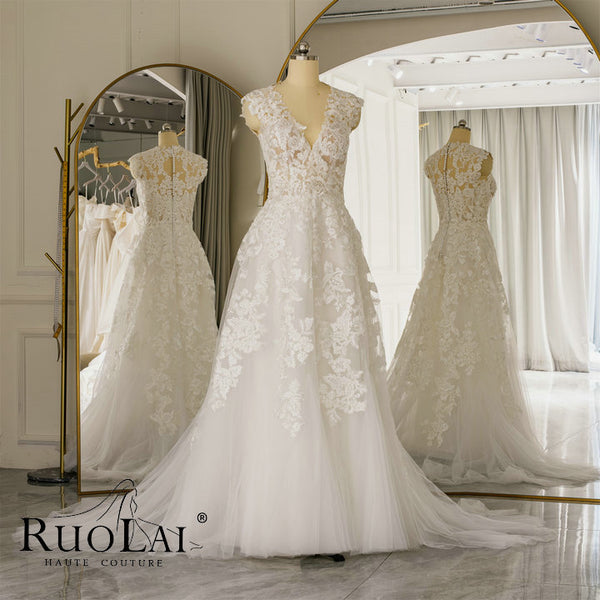 Modern V Neck Appliques Lace A Line Bride Gowns