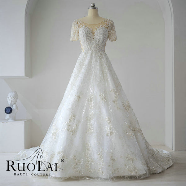 Luxury Beaded Boat Neckline Appliques Sequined Wedding Dress