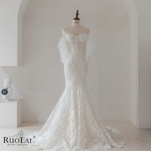 Elegant Slim Luxury Feather Tulle Mermaid Wedding Dresses