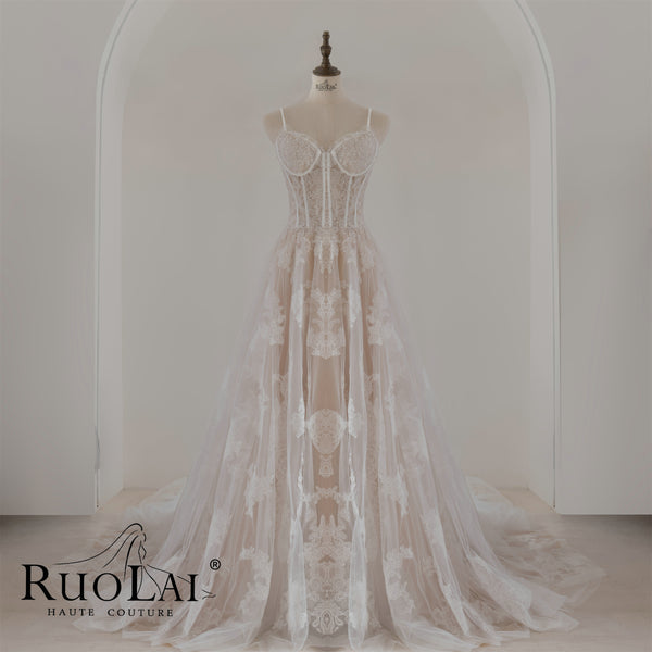 Classic Lace Spaghetti Strap Wedding Dresses Half Back Bridal Gowns