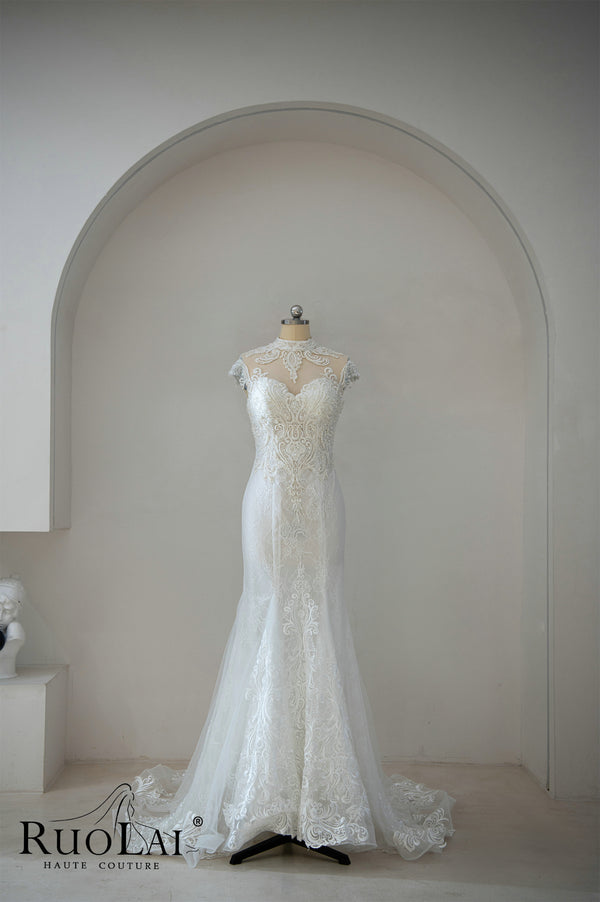 Elegant High Neckline Heavy Beaded Lace Mermaid Wedding Dress
