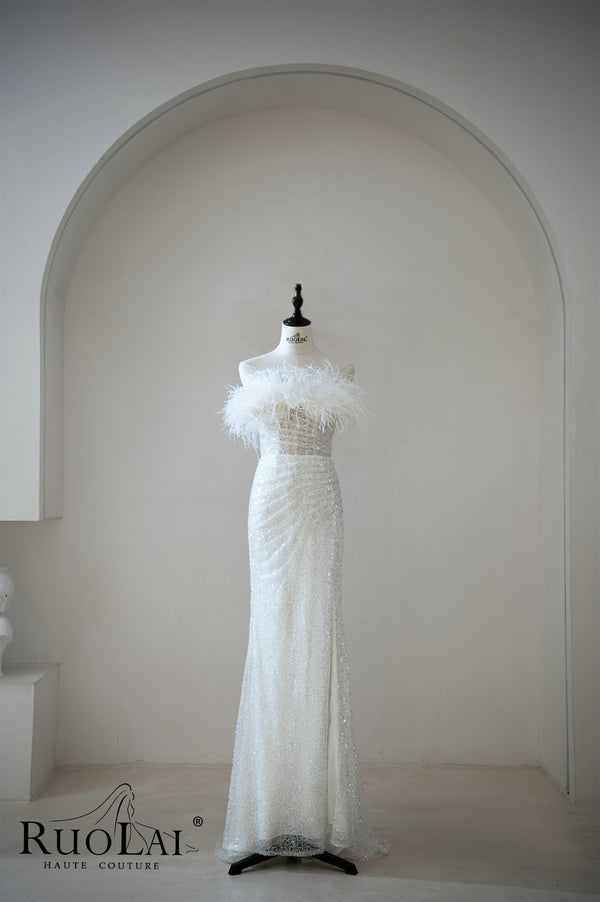 Exquisite  Sheath Split Sleeveless Feathers Sequins  Wedding Dress