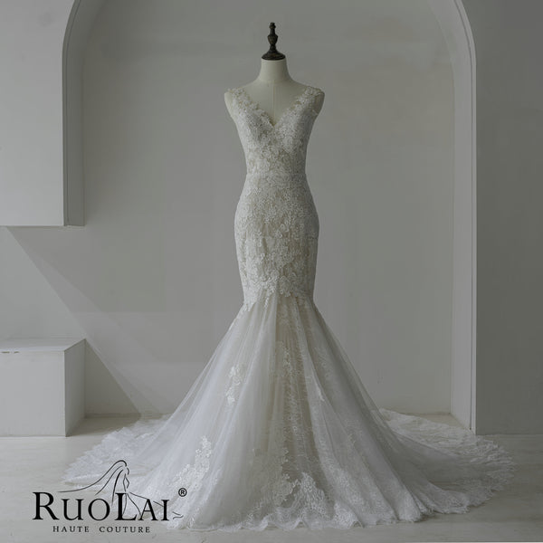 Elegant V Neckline Full Lace  Mermaid Wedding Dresses