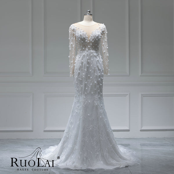 Gorgeous Tulle Long Sleeve O-Neck Sequins Wedding Gowns