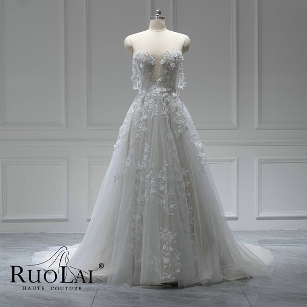 Romantic Full Lace Strapless Court Train Wedding Dress