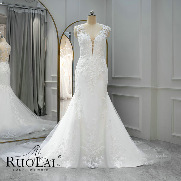 Ronmantic Beach Mermaid  Lace Applique Wedding Dress
