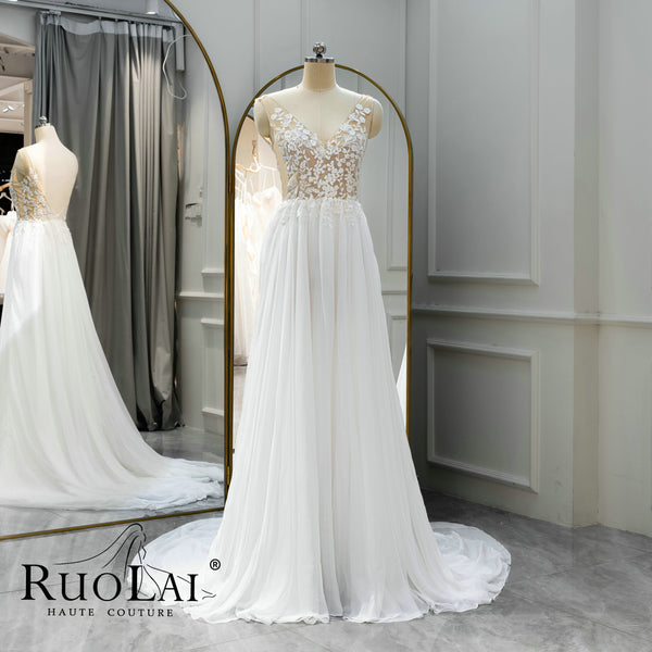 Elegant V Neck Boho Bridal Gown Beach Wedding Gown