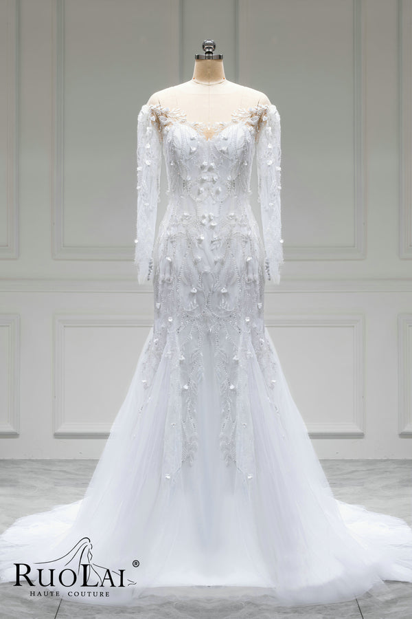 Simple Off-the-shoulder V Neckline Buttons Vintage Bridal Dresses