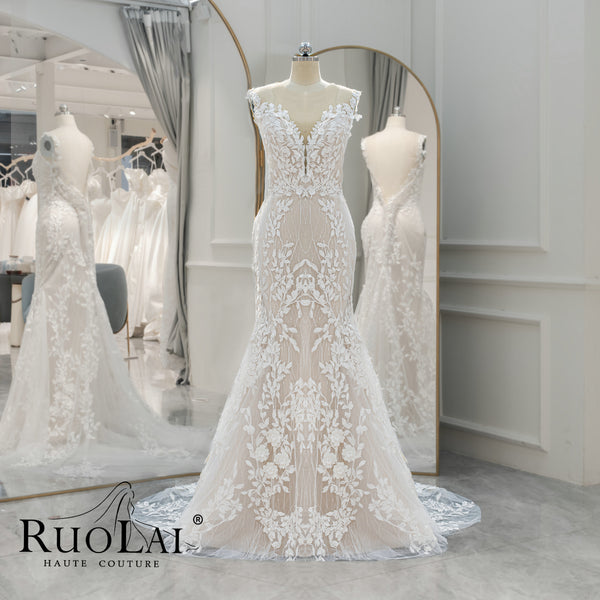 Luxury Full Lace V-neckline Backless Nude lIned Mermaid Wedding Dres