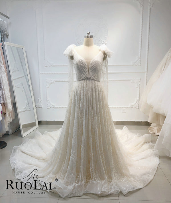 Modest  V-Neckline Long Sleeve Gliter Fabric Bridal Gown