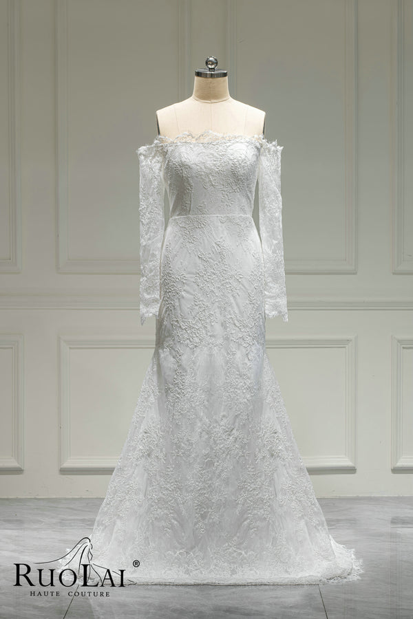 Luxury Off Shoulder Straight Across Neck  Elegant Wedding Gowns