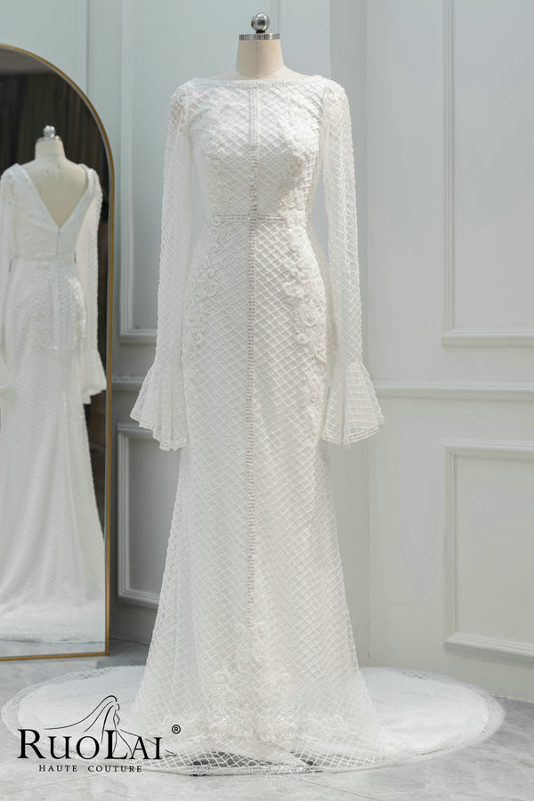 Modest High Neck Full Lace A Line Wedding Dresses