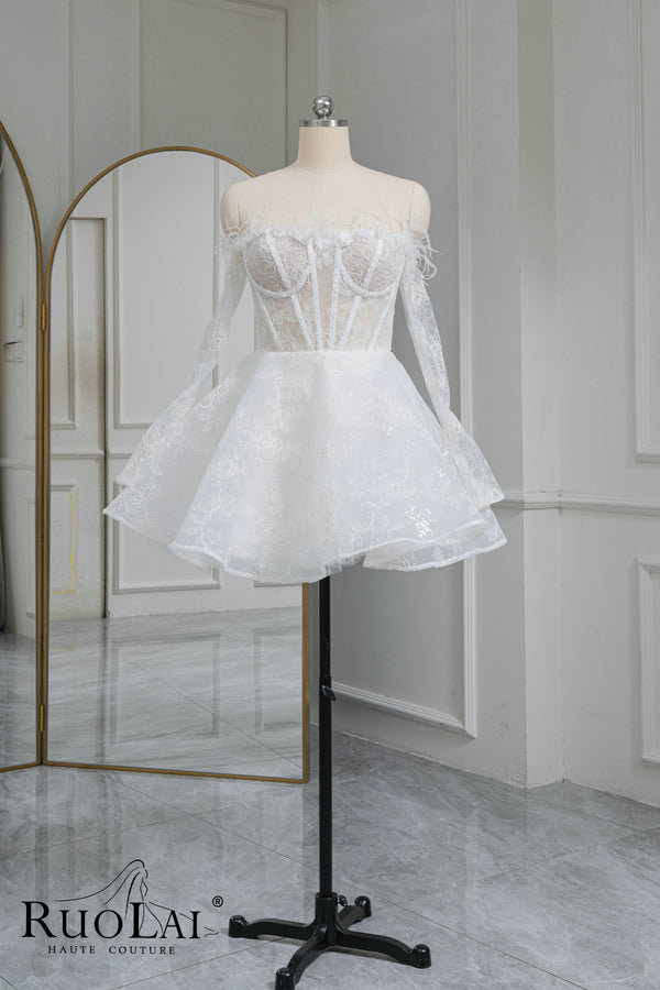 Eleagnt Off-the-shoulder Full Lace Feather and Appliqued Short Bridal Dress
