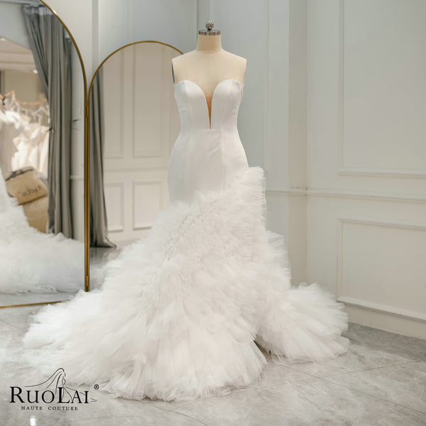 QW01970 Elegant Sweetheart Neckline Ruffle Tulle Skirt Mermaid Wedding Dresses