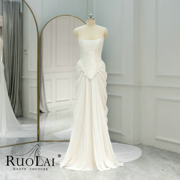 Simple Strapless Beaded Lace and Chiffon Skirt Sleeveless  Bride Gown