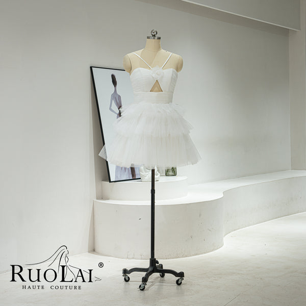 Elegant Spaghetti Strap Hollow Tulle Mini Length Wedding Dresses