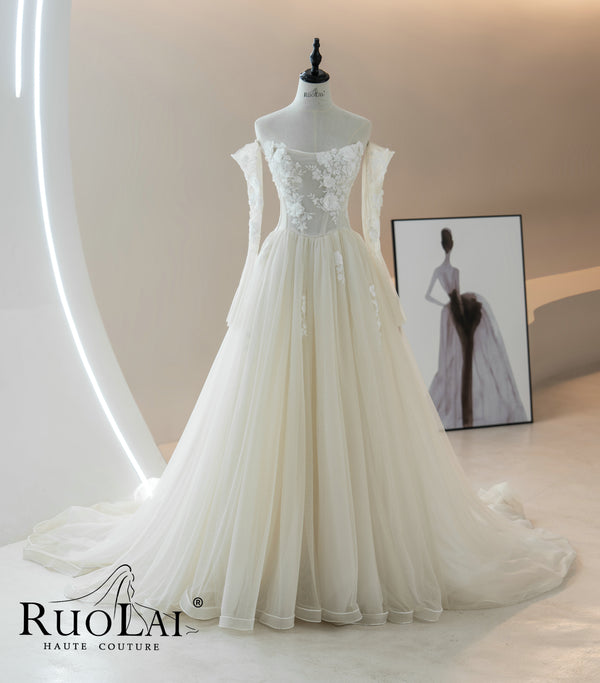 Glamorous Off-The-Shoulder Appliqued Beaded Boat Neckline Wedding Dresses