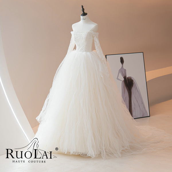 Long Sleeve Off-the-shoulder Ruffled Tulle for Women Bride Dress