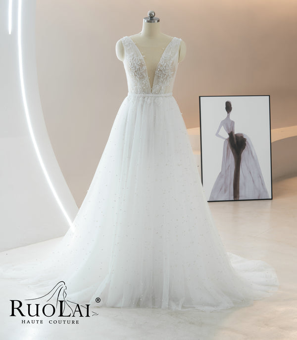 Deep V-neckline Beaded Lace with Sash Tulle Bridal Dresses