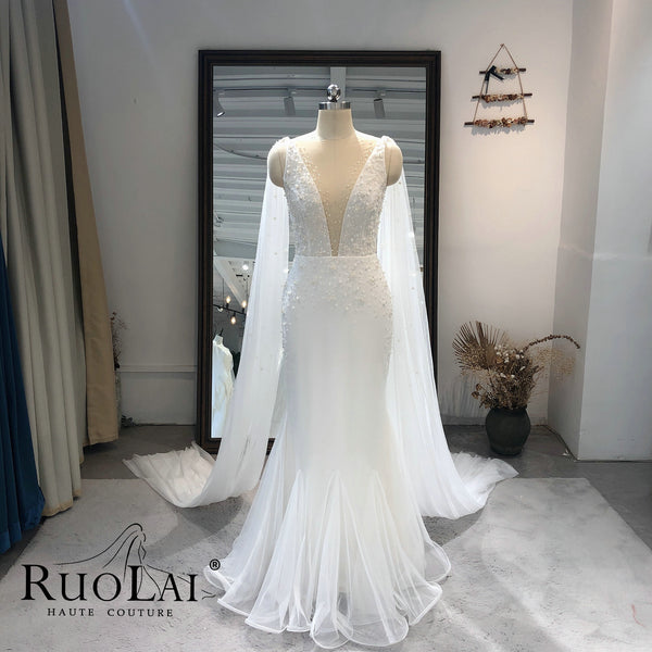 Sexy Deep V Neck with Shawl Tulle Mermaid Bridal Gown