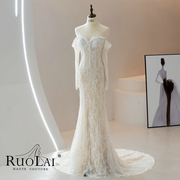 Off-the-shoulder Mermaid Design Appliqued Lace Nude Bridal Dresses