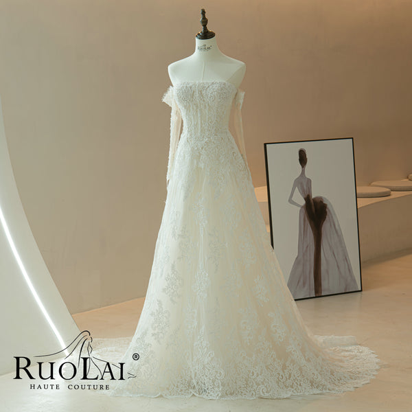 Fancy Strapless Long Sleeves Lace Bridal Gown