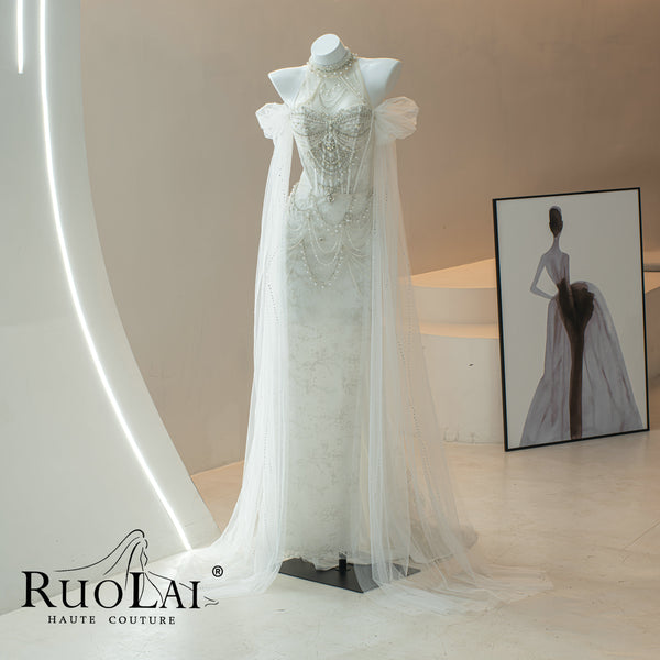 Luxury Halter Off Shoulder Beaded Crystal Wedding Dress