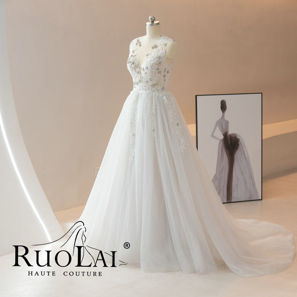 Chic O Neck Lace Appliques Beading A Line Tulle wedding Dress