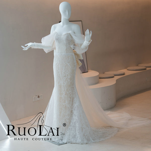 Elegant Sweetheart Neck Lace Mermaid Wedding Dress with Bow