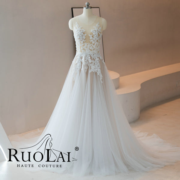 Ivory A Line Tulle Appliques Lace Beading Wedding Dresses