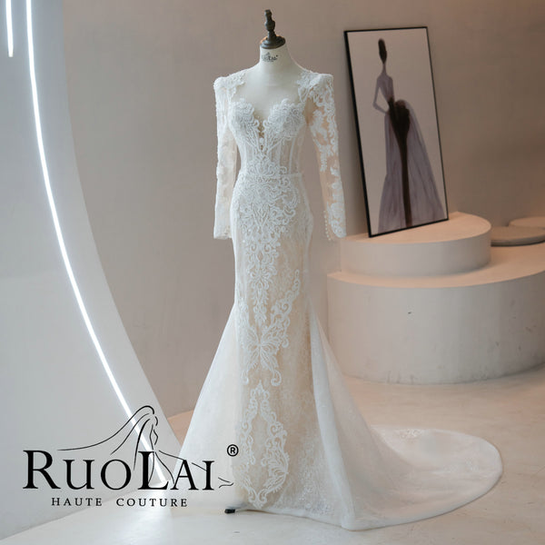 Mermaid Sequined Lace Full Long Sleeves Wedding Gown