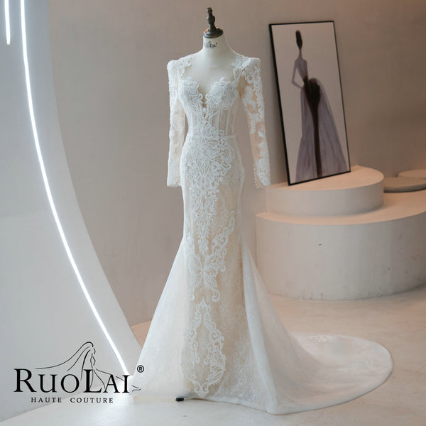 Elegant O-Neckline Appliqued Nude Lined Zipper Back Bridal Gowns