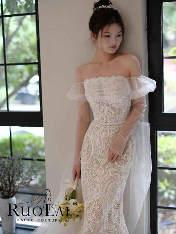 Simple Off Shoulder Lace Mermaid Wedding Dress