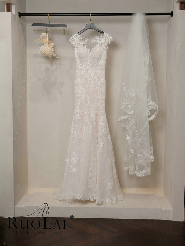 Elegant O Neck Lace Appliques Cap Sleeve Mermaid Bridal Dress Wedding