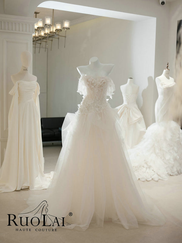 Ivory Off Shoulder Appliques Lace Tulle Wedding Dress