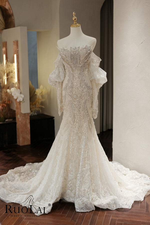 Luxury Strapless Mermaid Wedding Dresses with Train Long for Women Brides