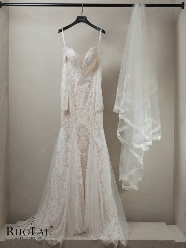 Off Shoulder Pearls Long Sleeve Lace Mermaid Wedding Dress