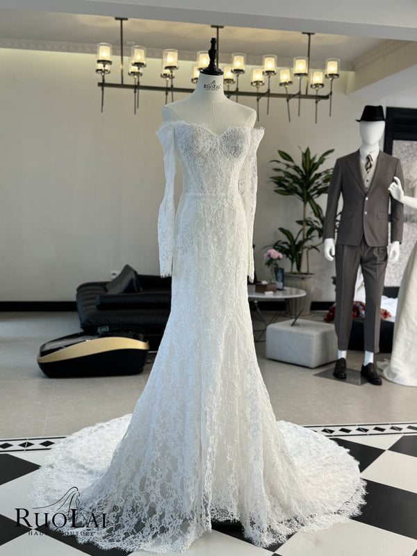 Elegant Off Shoulder Sweetheart Neck Lace Mermaid Wedding Dress