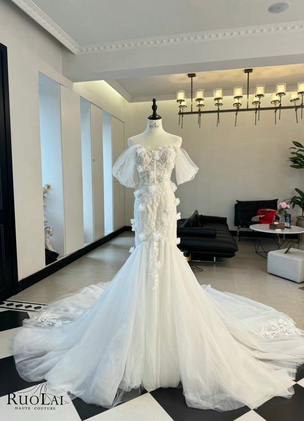 QW02082 Elegant Mermaid Off Shoulder 3d Appliques Bridal Lace Wedding Gown Dress